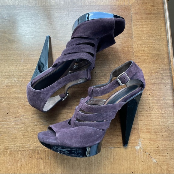 Marni Strappy Suede Purple Brown Platform Heels Peep Toe T-Strap size 40/US 10 - Picture 2 of 16